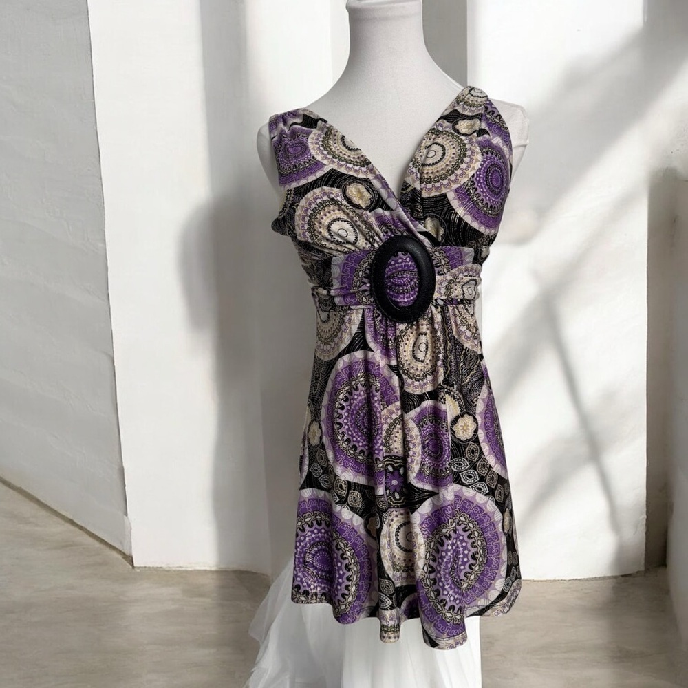 Ladies Y2K Purple and Black Patterned Dress belted goth fairy whimsy S mini